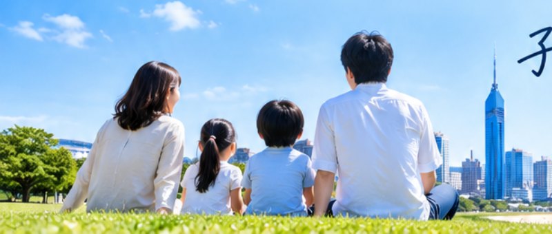 公園で福岡の街を眺める家族